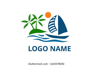 ship logo design leaving beach in tropical island concept icon for touring trip travel tourism agency. Summer holiday logo with ocean, tree.