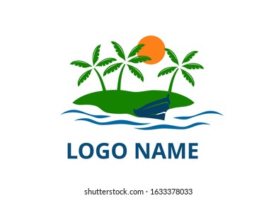 ship logo design leaving beach in tropical island concept icon for touring trip travel tourism agency. Summer holiday logo with ocean, tree.