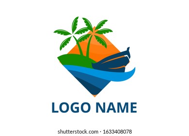 ship logo design leaving beach in tropical island concept icon for touring trip travel tourism agency. Summer holiday logo with ocean, tree.