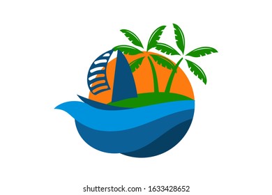 ship logo design leaving beach in tropical island concept icon for touring trip travel tourism agency. Summer holiday logo with ocean, tree.