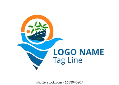 ship logo design leaving beach in tropical island concept icon for touring trip travel tourism agency. Summer holiday logo with ocean, tree shape line pin point