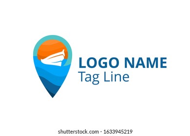 ship logo design leaving beach in tropical island concept icon for touring trip travel tourism agency. Summer holiday logo with ocean, tree shape line pin point