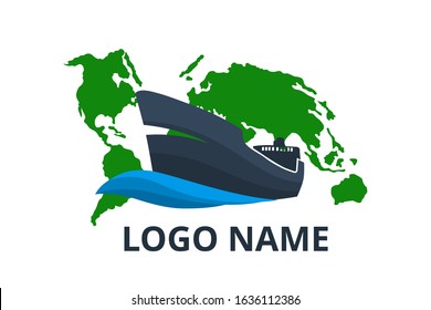 ship logo design for logistic import export trade docking company. Concept icon for trip travel agency in holiday with world map background. sail over world.