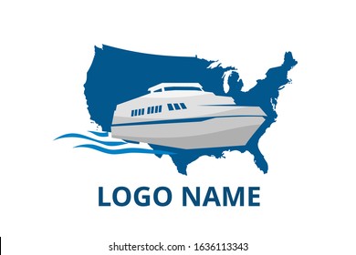 ship logo design for logistic import export trade docking company. Concept icon for trip travel agency in holiday with america map background. sail over america.
