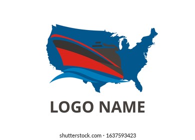 ship logo design for logistic import export trade docking company. Concept icon for trip travel agency in holiday with america map background. sail over america.