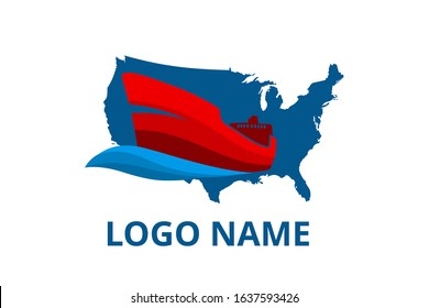 ship logo design for logistic import export trade docking company. Concept icon for trip travel agency in holiday with america map background. sail over america.