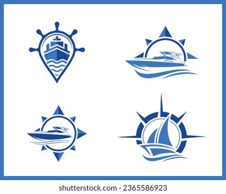 Diseño del logotipo del buque, rueda de diseño del logotipo del barco de vela sobre el agua de mar