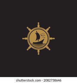 ship logo design with silhouette dhow and wheel vector graphic