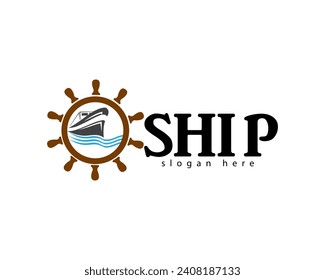 ship logo design template a combination of a water vessel and a ship's steering wheel