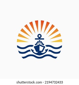 ship logo front view sailing with sunset background