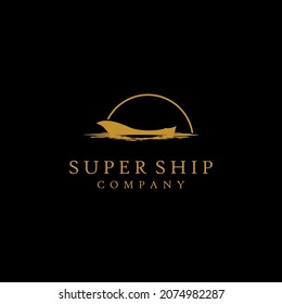 Ship Logo. Gold Silhouette of Dhow Ship Logo Traditional Sailboat from Asia or Africa. Design Vector Icon Template Element