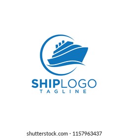 Ship logo for marine or travel tourism transportation company, nautical sailing boat with water sea wave icon blue vector design