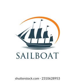 ship logo with a sailing ship silhouette design concept
