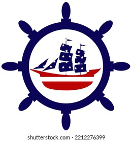 Ship logo or symbol design with american flag framed ship rudder. Columbus day celebration theme illustration
