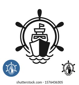Ship logo with wheel and sea waves. Ocean cruises or cargo shipping concept sign. Ship helm silhouette with yacht boat.