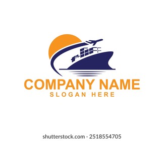 Logotipo do navio, ícone de barco de iate, logotipo do navio de carga e contêiner, ícone de transporte de frete, logótipo de serviço de logística e entrega, logotipo de viagem de transporte marítimo, ícone de navio de cruzeiro, ícone de navio de mar