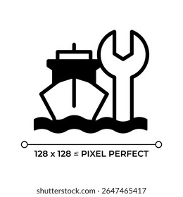 Ship maintenance pixel perfect glyph solid icon. Marine transport technical support. Vessel repair service. Dry dock. Black silhouette symbol on negative space. Vector isolated illustration