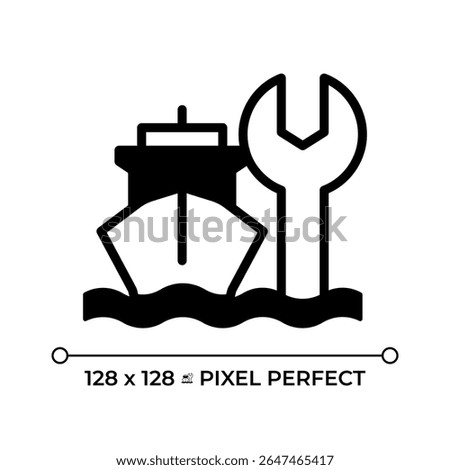 Ship maintenance pixel perfect glyph solid icon. Marine transport technical support. Vessel repair service. Dry dock. Black silhouette symbol on negative space. Vector isolated illustration