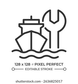 Ship maintenance pixel perfect line icon. Marine transport technical support. Vessel repair service. Dry dock. Isolated vector illustration. Outline symbol. Simple linear drawing. Editable stroke