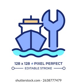 Ship maintenance pixel perfect line color icon. Marine transport technical support. Vessel repair service. Dry dock. Isolated vector illustration. Flat colorful symbol design. Editable stroke