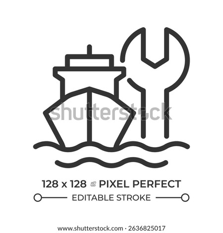 Ship maintenance pixel perfect line icon. Marine transport technical support. Vessel repair service. Dry dock. Isolated vector illustration. Outline symbol. Simple linear drawing. Editable stroke