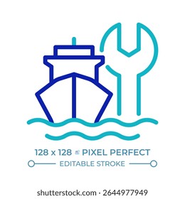 Ship maintenance pixel perfect two color line icon. Marine transport technical support. Vessel repair service bicolor outline symbol. Duotone linear pictogram. Isolated illustration. Editable stroke