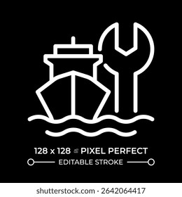 Ship maintenance pixel perfect white line icon in negative space. Marine transport technical support. Vessel repair service. Monochrome linear symbol on black background. Editable stroke