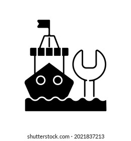 Ship maintenance and repair black linear icon. Repairing floating vessels. Naval engineering. Keeping mechanical equipment going. Outline symbol on white space. Vector isolated illustration