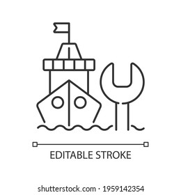 Ship maintenance and repair linear icon. Repairing floating vessels. Naval engineering. Thin line customizable illustration. Contour symbol. Vector isolated outline drawing. Editable stroke