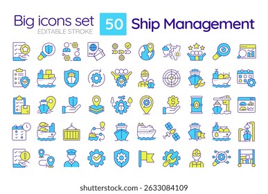 Ship management line color icons set. Maritime traffic supervision. Sea transport industry. Cargo shipment regulation. Vector illustrations. Simple flat colorful symbols collection. Editable stroke