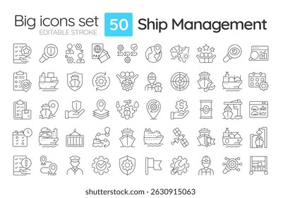 Ship management line icons set. Maritime traffic supervision. Sea transport industry. Cargo shipment regulation. Isolated vector outline illustrations. Thin lineart iconset symbols. Editable stroke