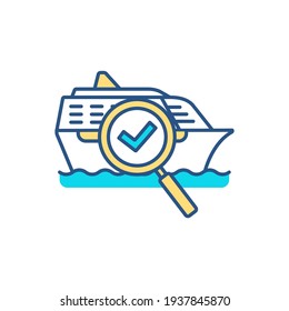 Ship management RGB color icon. Marine safety. Regular yacht, liner service. Seagoing vessels monitoring for safe and efficient operation. Broken equipment repairing. Isolated vector illustration