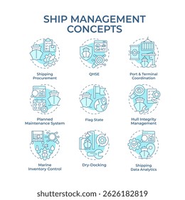 Ship management soft blue concept icons. Maritime cargo transportation system. Delivering goods by sea. Icon pack. Vector images. Round shape illustrations for presentation. Abstract idea