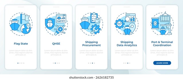 Ship management system solutions blue onboarding mobile app screen. Walkthrough 5 steps editable graphic instructions with linear concepts. UI, UX, GUI