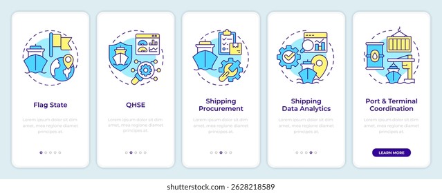 Ship management system solutions onboarding mobile app screen. Walkthrough 5 steps editable graphic instructions with linear concepts. UI, UX, GUI