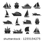 Ship and marine boat black silhouette set. Small and large seagoing vessels. Vector line art illustration on white background