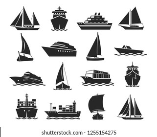 Ship and marine boat black silhouette set. Small and large seagoing vessels. Vector line art illustration on white background
