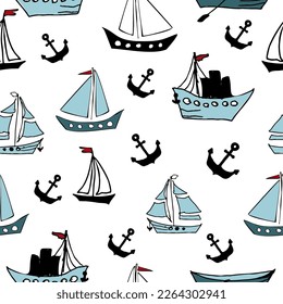 barco. Doodle marino con diferentes elementos náuticos. Patrón vector náutico sin fisuras con elementos marinos. para papeles pintados, impresiones, textiles, tejidos, fondos.