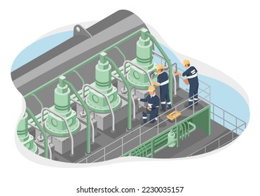 Ship marine engineer big engine motor machine maintenance concept isometric for engineering working isolated vector symbols