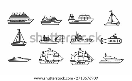 Ship and marine transportation icon set, including cruise liner, cargo container ship, sailboat, yacht, fishing boat, submarine, and vintage sailing vessel