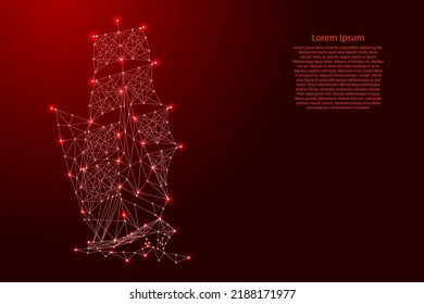 Ship with masts and sails, sailing sailboat, from futuristic polygonal red lines and glowing stars for banner, poster, greeting card. Vector illustration.