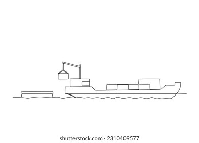 A ship and means of transporting goods. Harbor activities one-line drawing