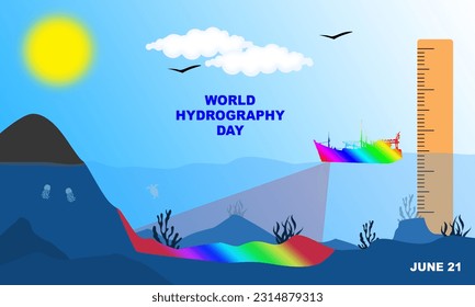 a ship measuring and charting the depths of the ocean with outline icons and an underwater scene on a sunny day. commemorate WORLD HYDROGRAPHY DAY on June 21