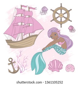 SHIP MERMAID dark-skinned mermaid with a ship and marine paraphernalia