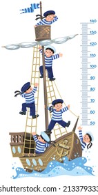 Ship meter wall. Vector illustration of a wooden sailboat with a team of six Jolly boys-sailors in vests and sailor hats