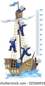 Ship meter wall. Vector illustration of a wooden sailboat with a team of six Jolly boys-sailors in vests and sailor hats