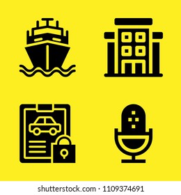 ship, microphone, car repair and hotel vector icon set. Sample icons set for web and graphic design