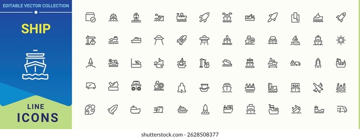 Ship modern icon set. It contains symbols to boat, travel, vacation, ping, transport and more. Boat line icon set. Outline symbol collection. Vector illustration. Pixel perfect.