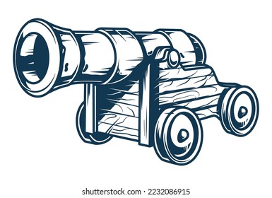 Ship mortar monochrome vintage label cannon with wooden cart on wheels for firing at enemies and naval battles vector illustration