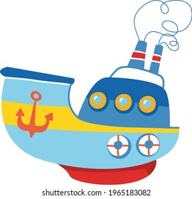 Ship motor ship with red stripe and anchor. Schooner kids print is bright. For the decor of postcards, clothes, stickers, clipart. Children s cartoon transport. Summer water travel cruise art cute fun